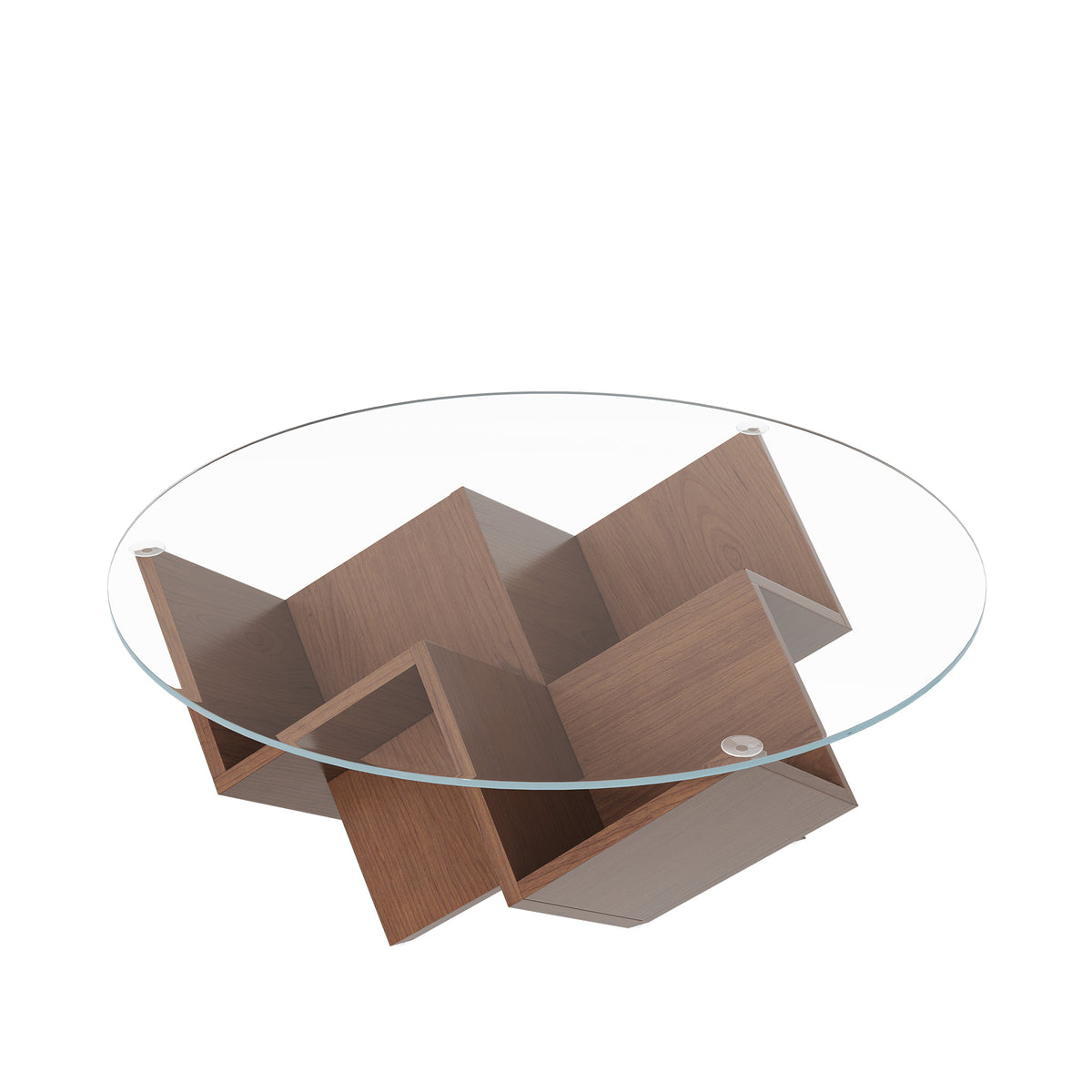 Round walnut coffee table with glass top and geometric art deco base by Anthony & Home from the Atelier Collection.