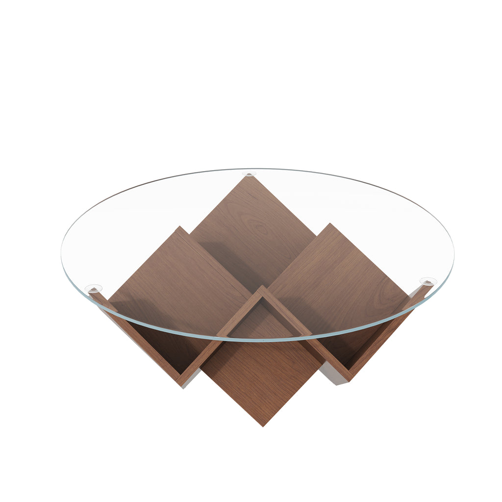 Round walnut coffee table with glass top and geometric Art Deco base from Anthony & Home's Atelier Collection.