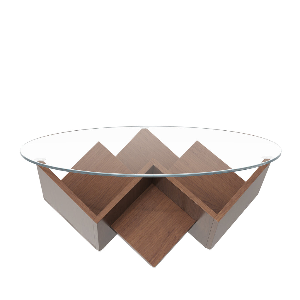 Round walnut coffee table with glass top and geometric Art Deco base from Anthony & Home's Atelier Collection.