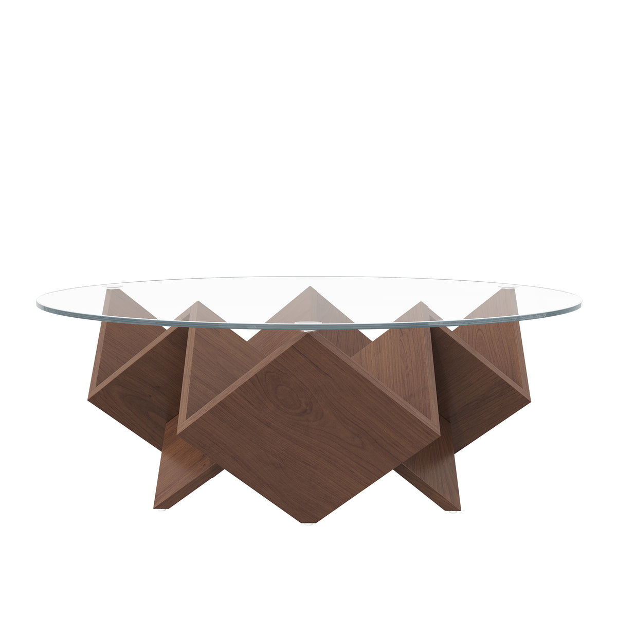 Round walnut coffee table with glass top and geometric art deco base by Anthony & Home from the Atelier Collection.