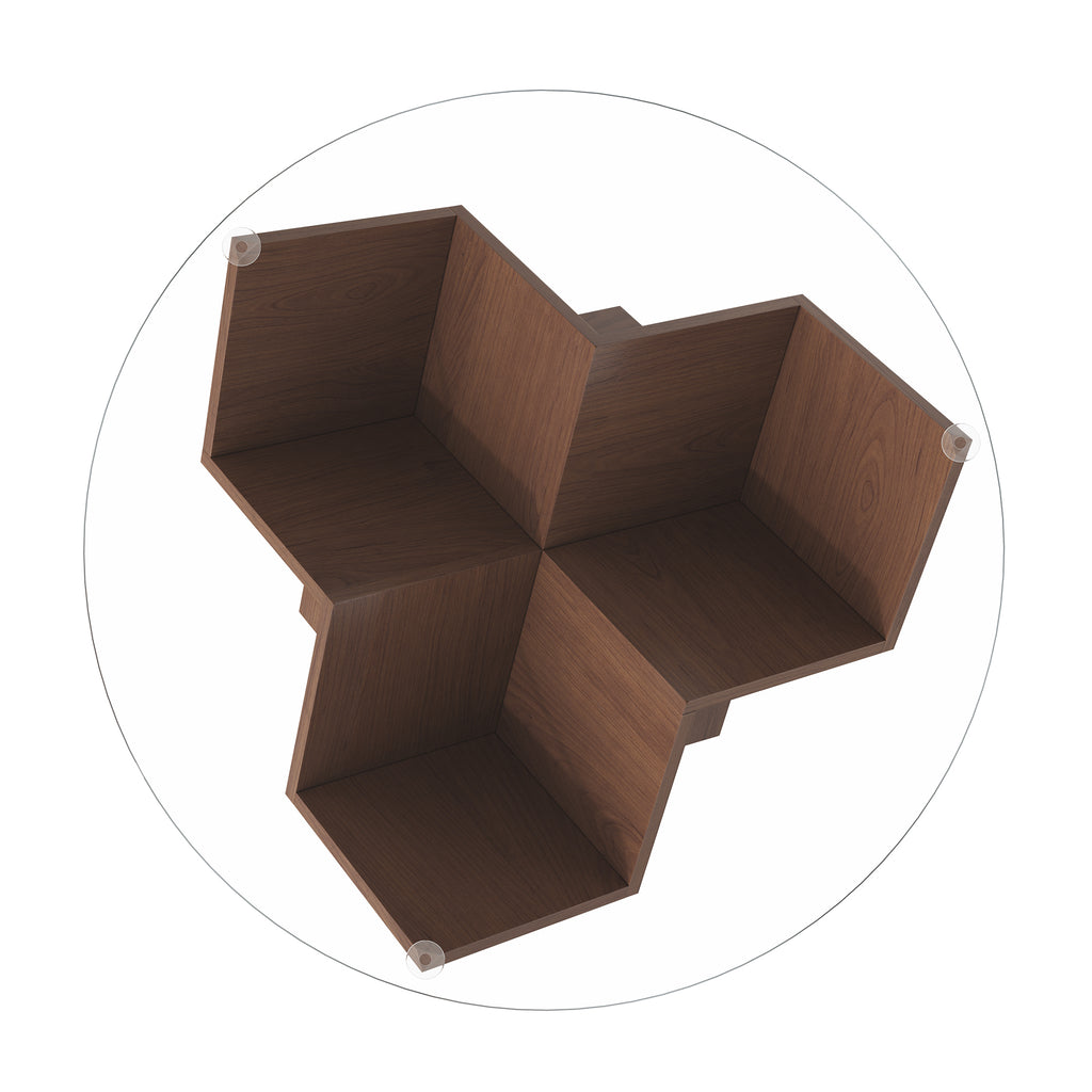 Round walnut coffee table with glass top and geometric Art Deco base by Anthony & Home from the Atelier Collection.