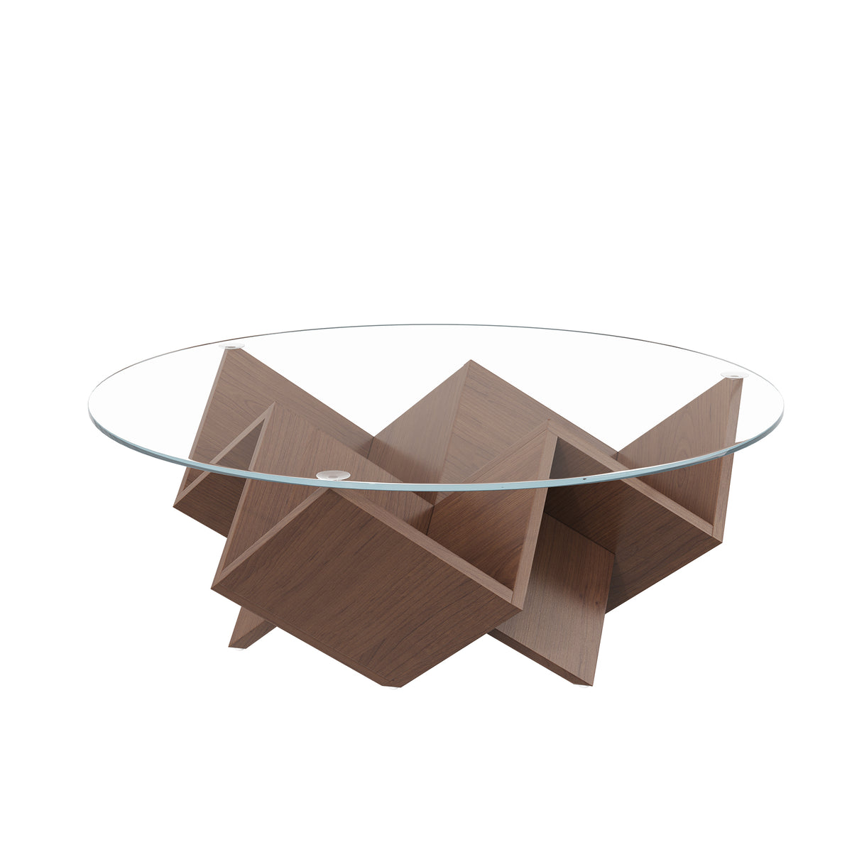 Round walnut coffee table with glass top and geometric Art Deco base from Anthony & Home's Atelier Collection.