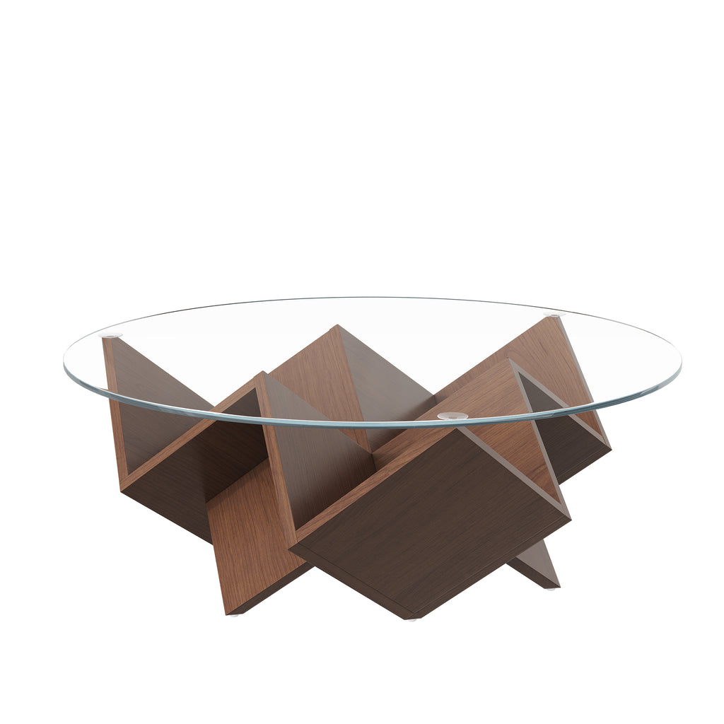 Round walnut coffee table with glass top and geometric Art Deco base from Anthony & Home's Atelier Collection.