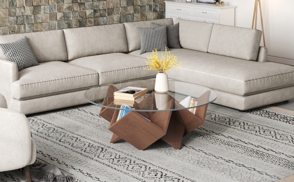 Round walnut coffee table with glass top and geometric Art Deco base by Anthony & Home from the Atelier Collection.