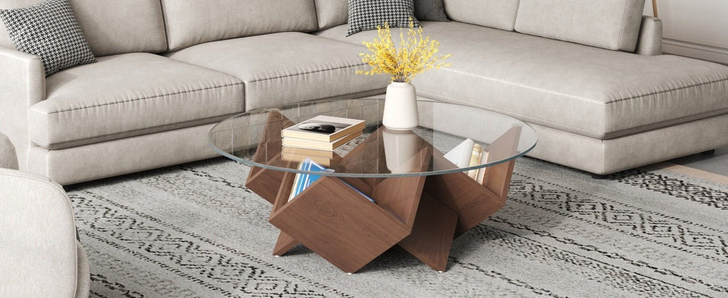 Round walnut coffee table with glass top and geometric Art Deco base by Anthony & Home from the Atelier Collection.