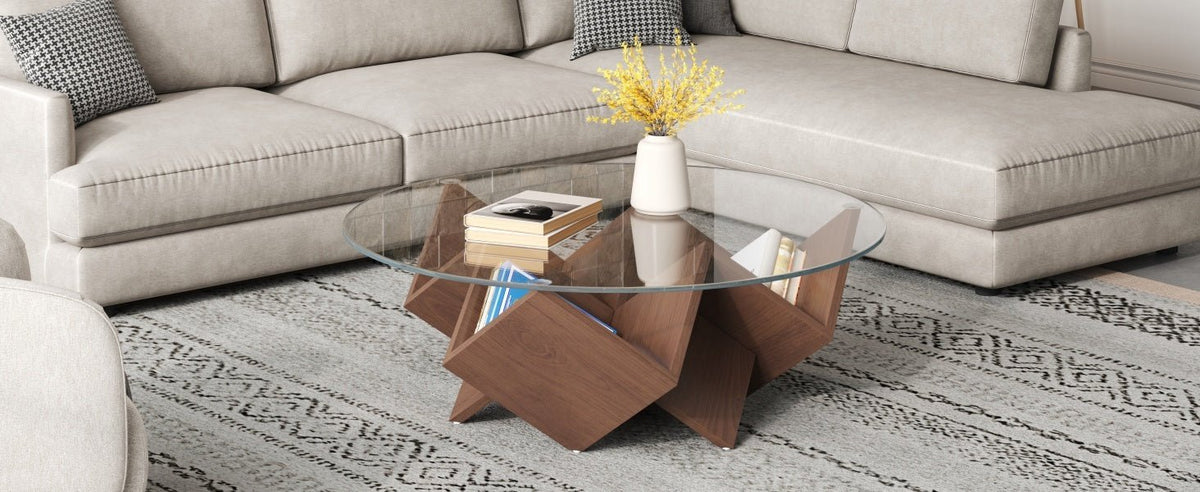 Round walnut coffee table with glass top and geometric Art Deco base by Anthony & Home from the Atelier Collection.