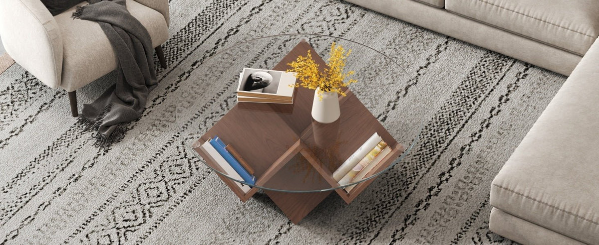 Round walnut coffee table with glass top and geometric Art Deco base by Anthony & Home from the Atelier Collection.