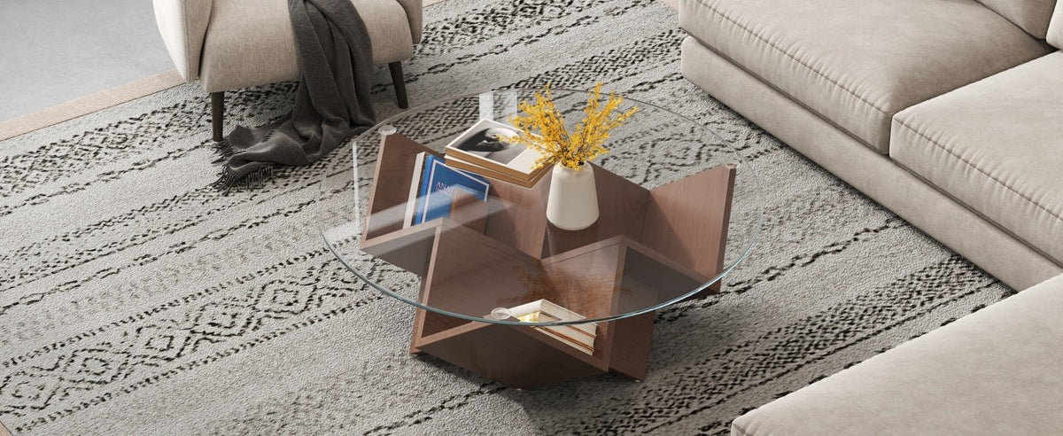 Round walnut coffee table with glass top and geometric Art Deco base by Anthony & Home from the Atelier Collection.