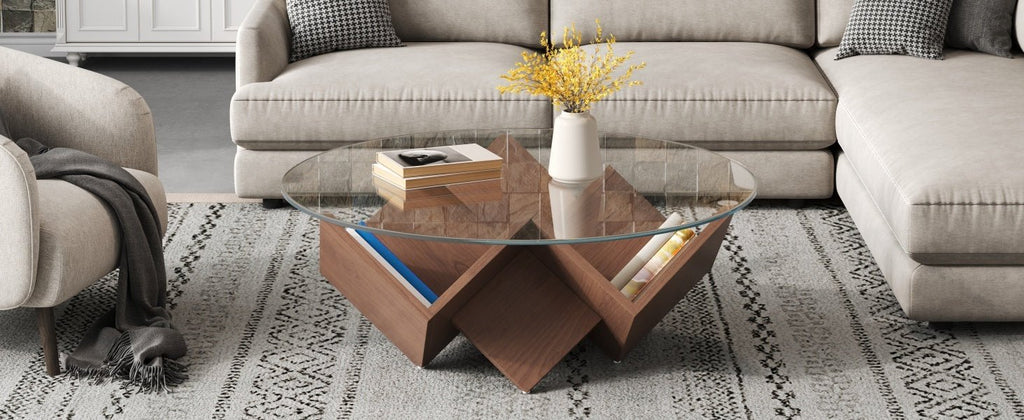 Anthony & Home round walnut coffee table with glass top and geometric Art Deco base, modern living room decor.