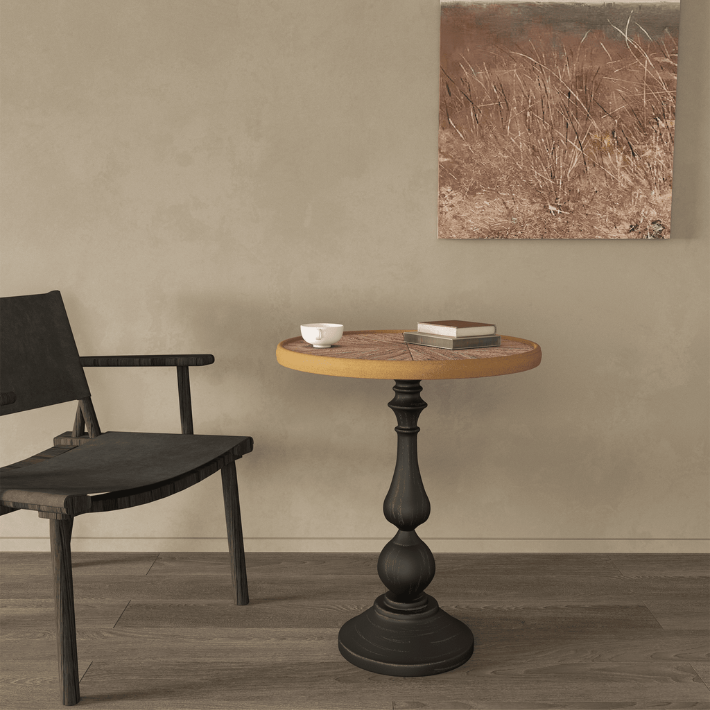 Round wood and metal end table with willow bark veneer from Anthony & Home's French Country collection.