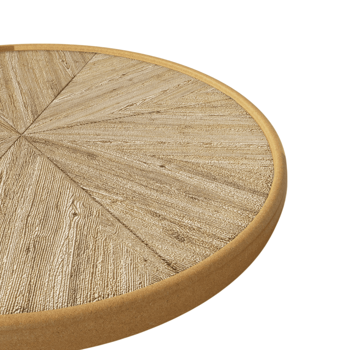 Round wood and metal end table with willow bark veneer from Anthony & Home French Country Collection, showcasing a rustic, elegant design.