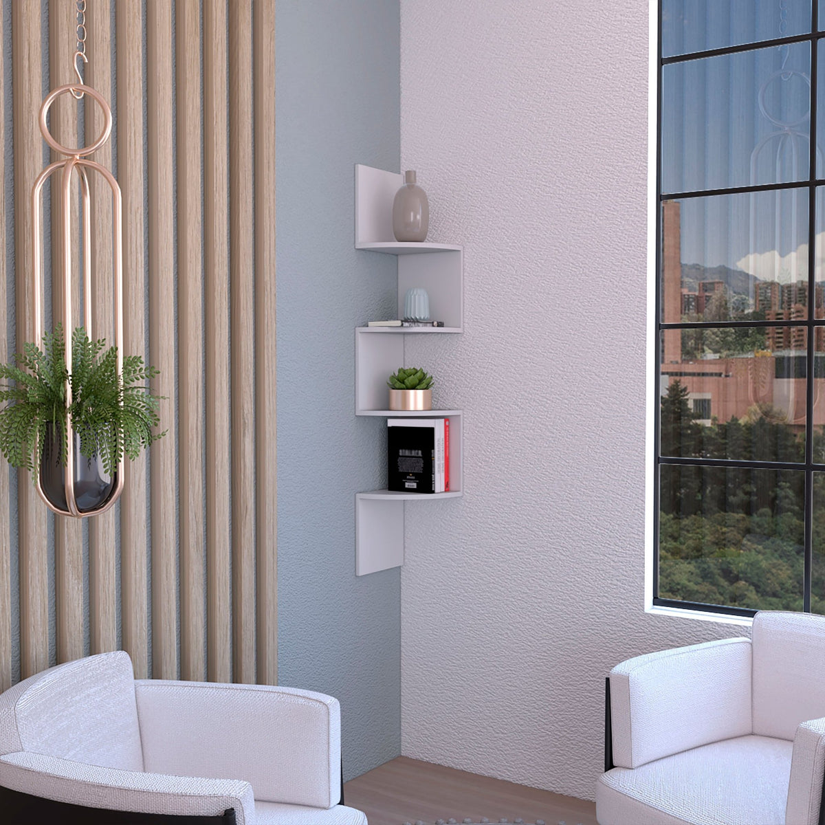 Anthony & Home Roy Corner Floating Shelf, four-tier wall display for living spaces, showcasing modern storage and organization.