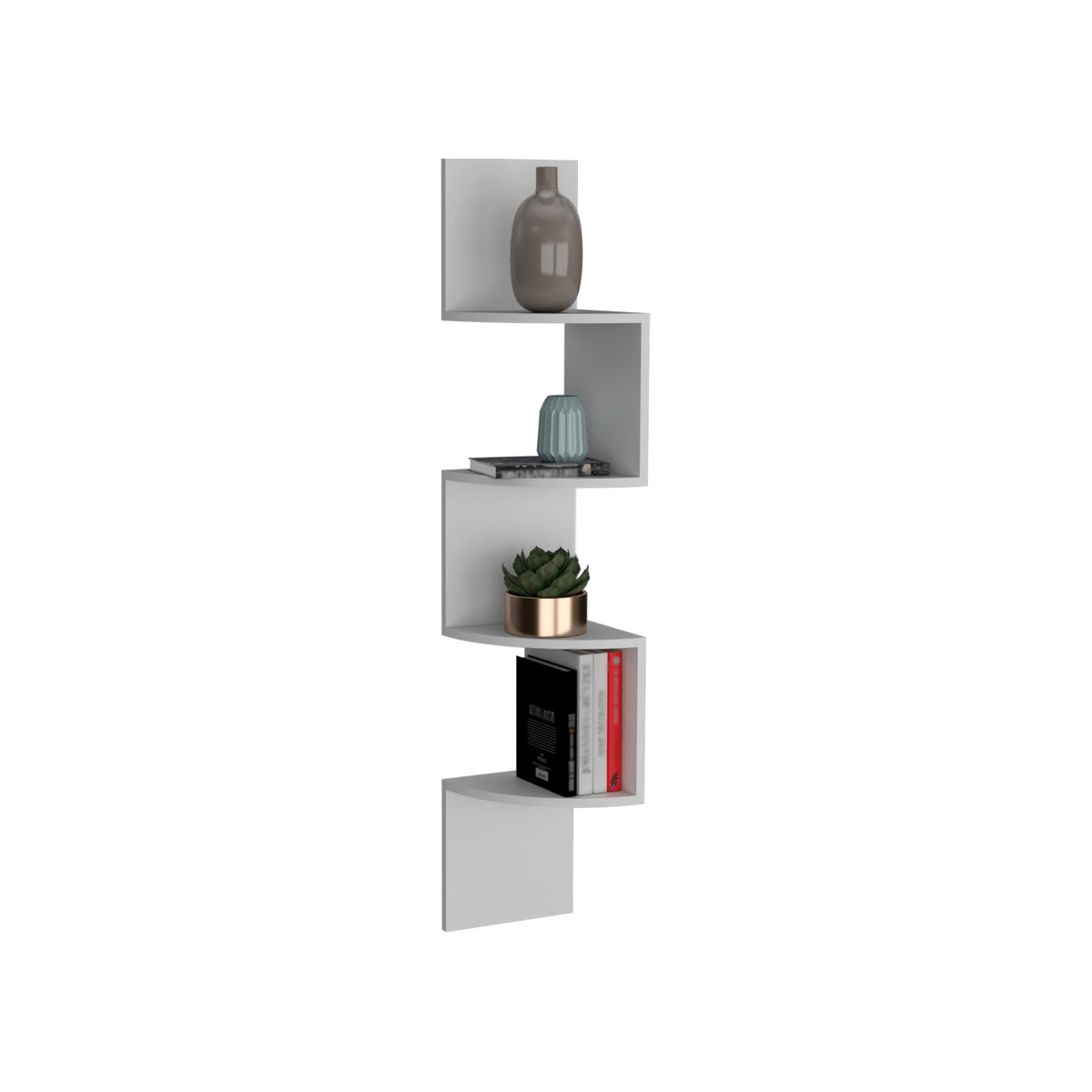 White Roy Corner Floating Shelf by Anthony & Home mounted in a corner, showcasing sleek modern design and smooth finish.