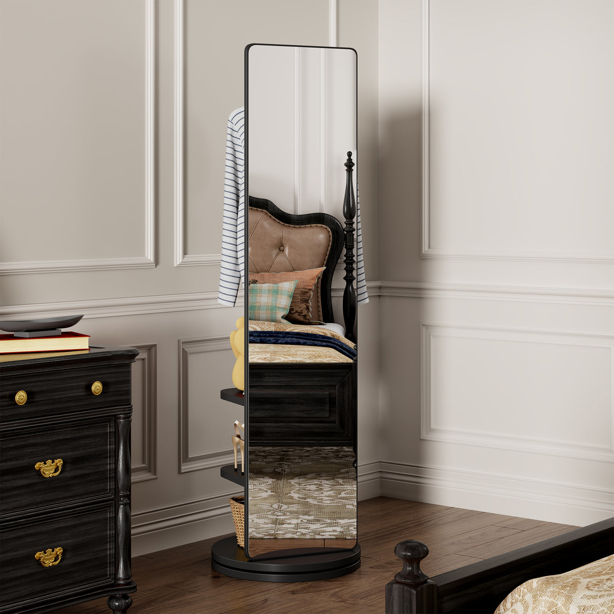 Rubberwood full length mirror with 360-degree rotating stand, modern design, by Anthony & Home, ideal for bedroom or dressing area.