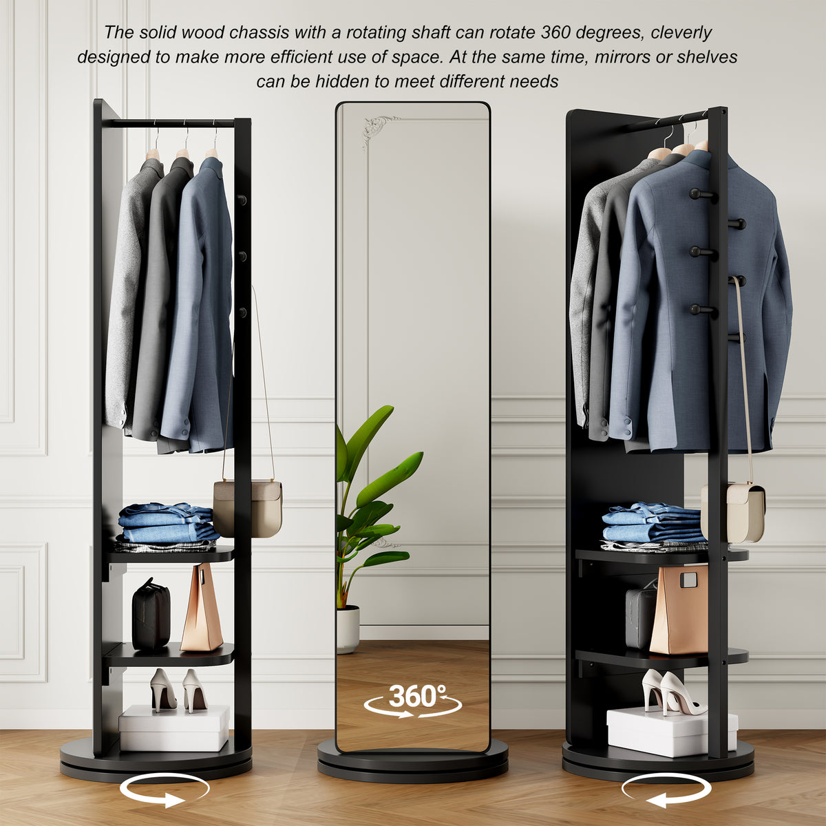 Rubberwood 360-degree rotating full-length mirror by Anthony & Home showing a sleek, modern design with a sturdy wooden frame.