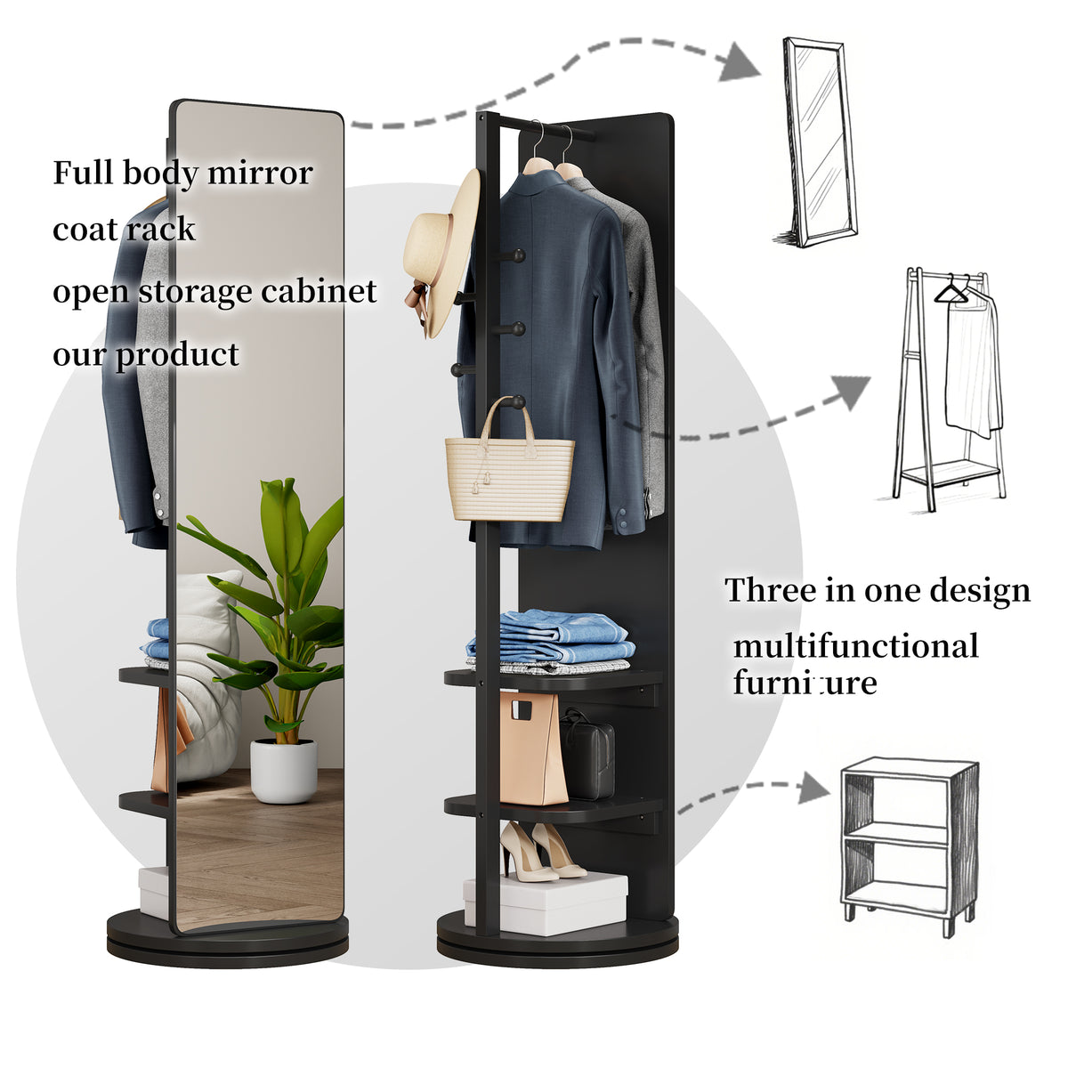 Rubberwood 360-degree rotating full-length mirror by Anthony & Home showing a sleek wooden frame and adjustable stand.