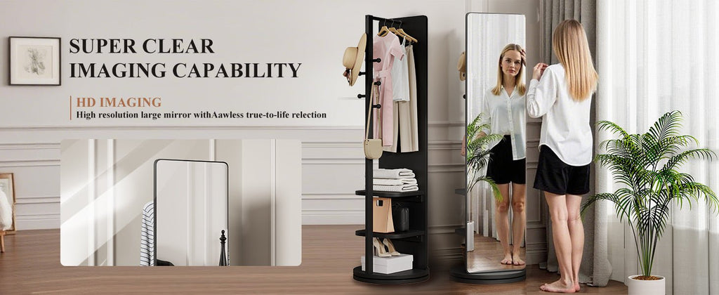 Rubberwood 360-degree rotating full-length mirror from Anthony & Home, showing a sleek, natural wood frame and reflective glass.