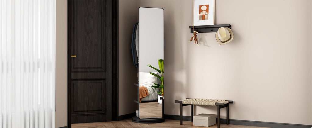 Full-length rubberwood mirror with 360-degree rotation, designed for full-body viewing, by Anthony & Home.