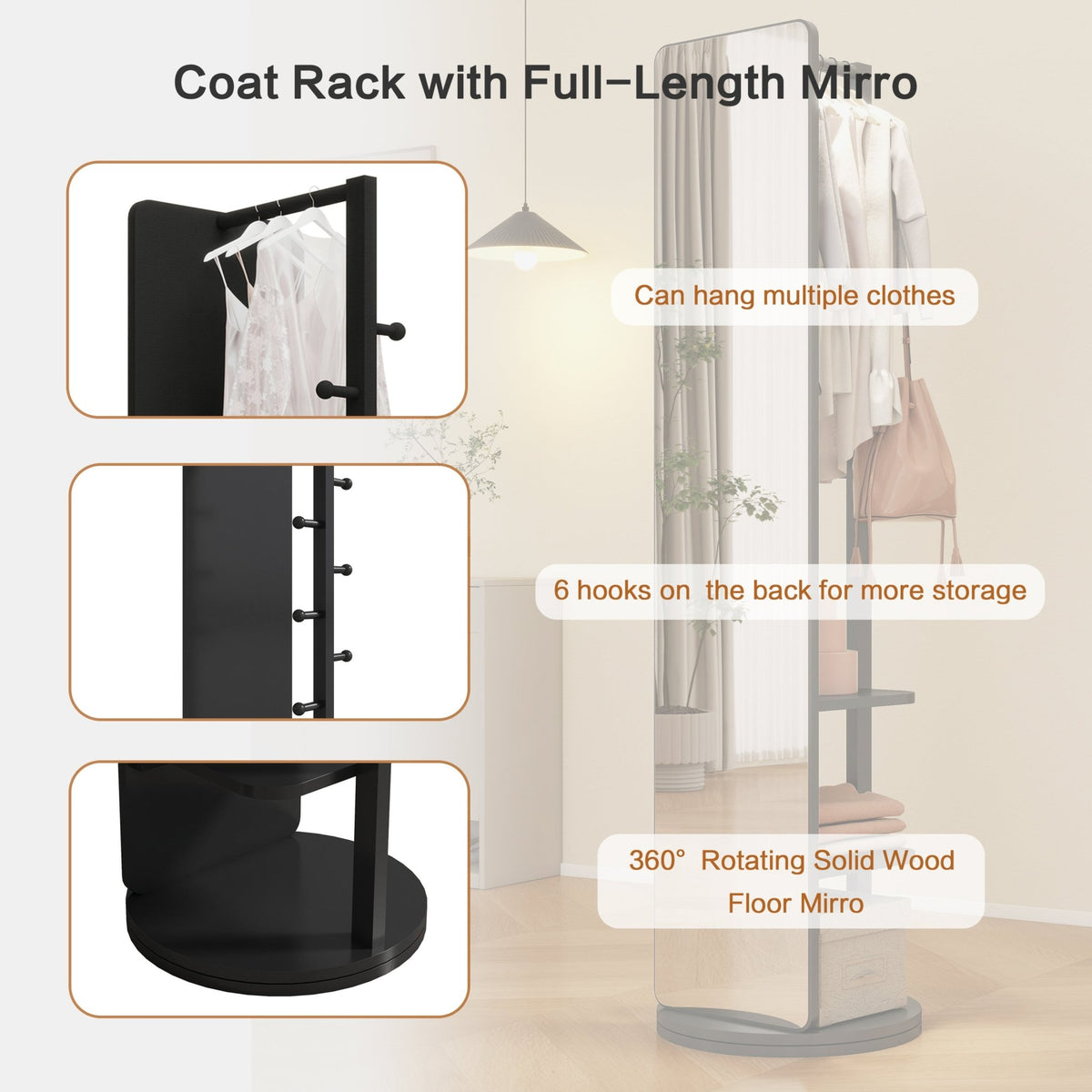 Anthony & Home rubberwood 360-degree rotating full length mirror showing a sleek wooden frame and adjustable tilt for full body viewing.