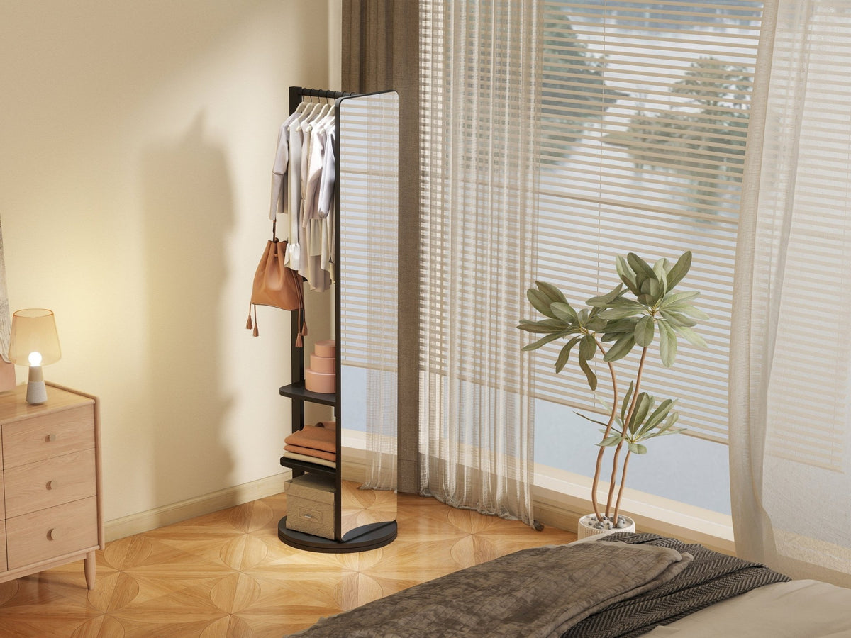 Rubberwood full length mirror with 360-degree rotation by Anthony & Home, showcasing a sleek, modern design with a wooden frame.