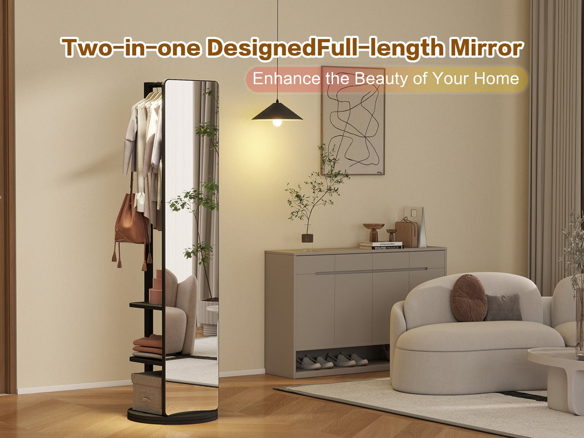 Full-length rubberwood mirror with 360-degree rotating stand, designed for full-body viewing by Anthony & Home.