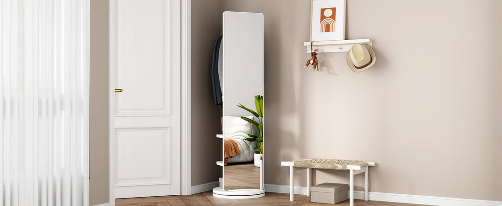 Anthony & Home rubberwood full-length mirror with 360-degree rotation and coat rack in Signature Collection, showcasing a modern, functional design.