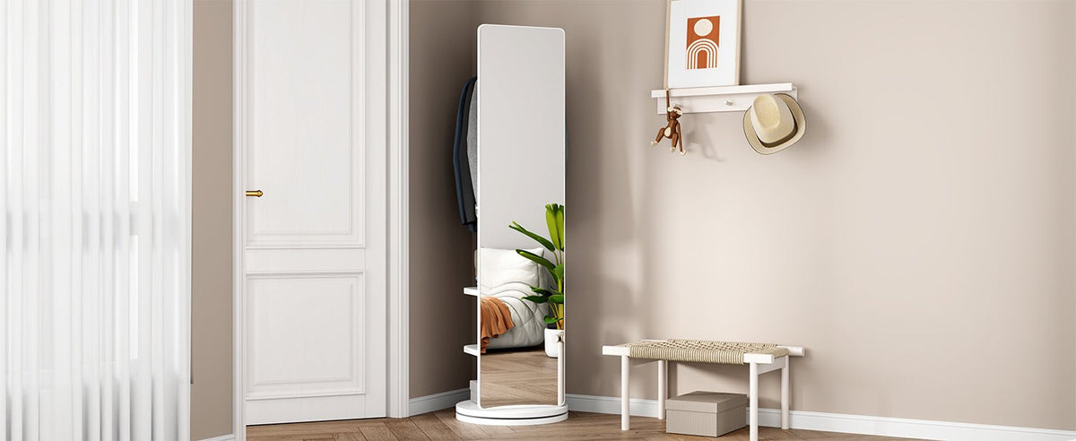 Anthony & Home rubberwood full-length mirror with 360-degree rotation and coat rack in Signature Collection, showcasing a modern, functional design.