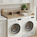 Sandy brown wood countertop double layer shelf by Anthony & Home for washer dryer, showcasing a sturdy, stylish storage solution.