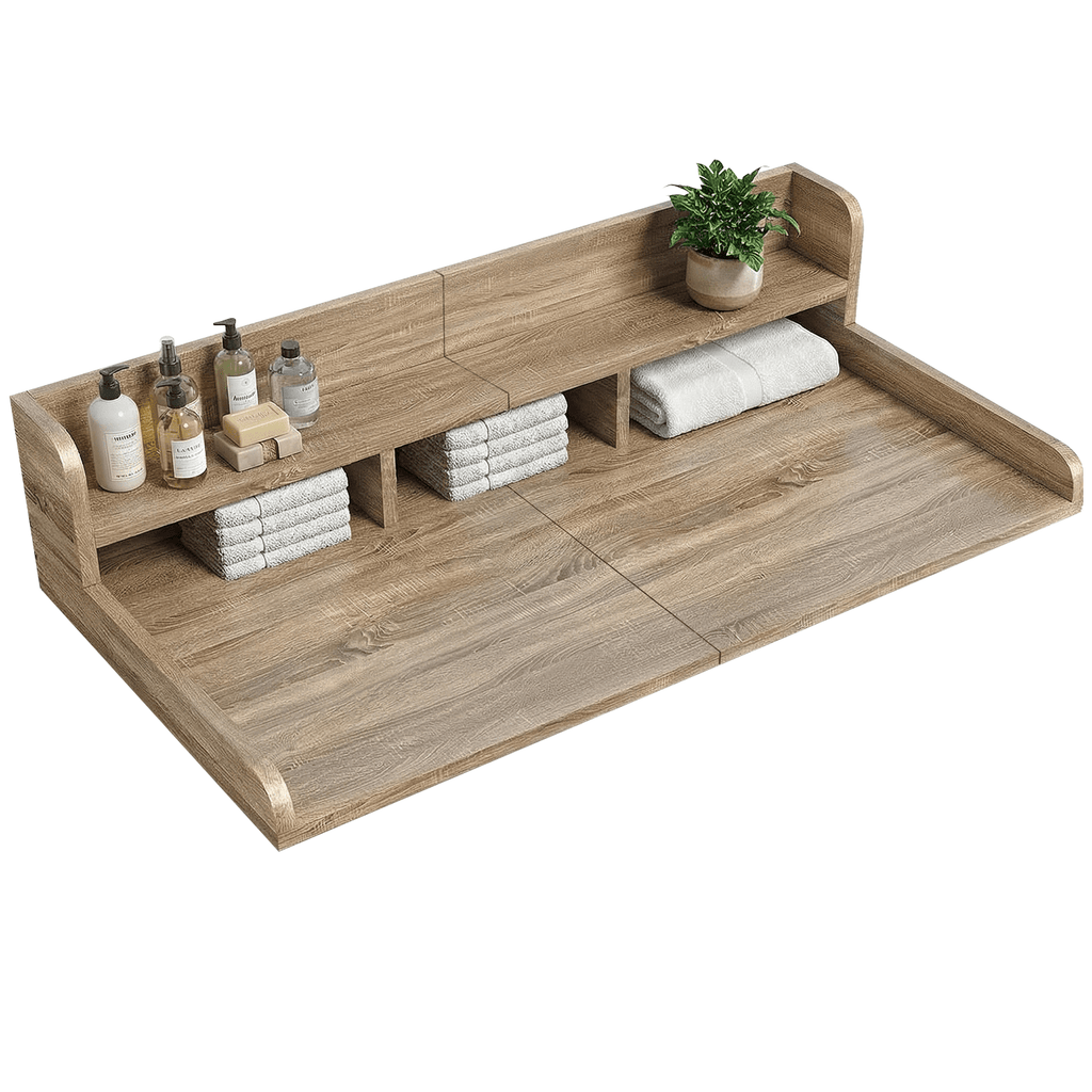 Sandy brown wood countertop double-layer shelf for washer dryer by Anthony & Home, showing its sturdy design and layered storage space.