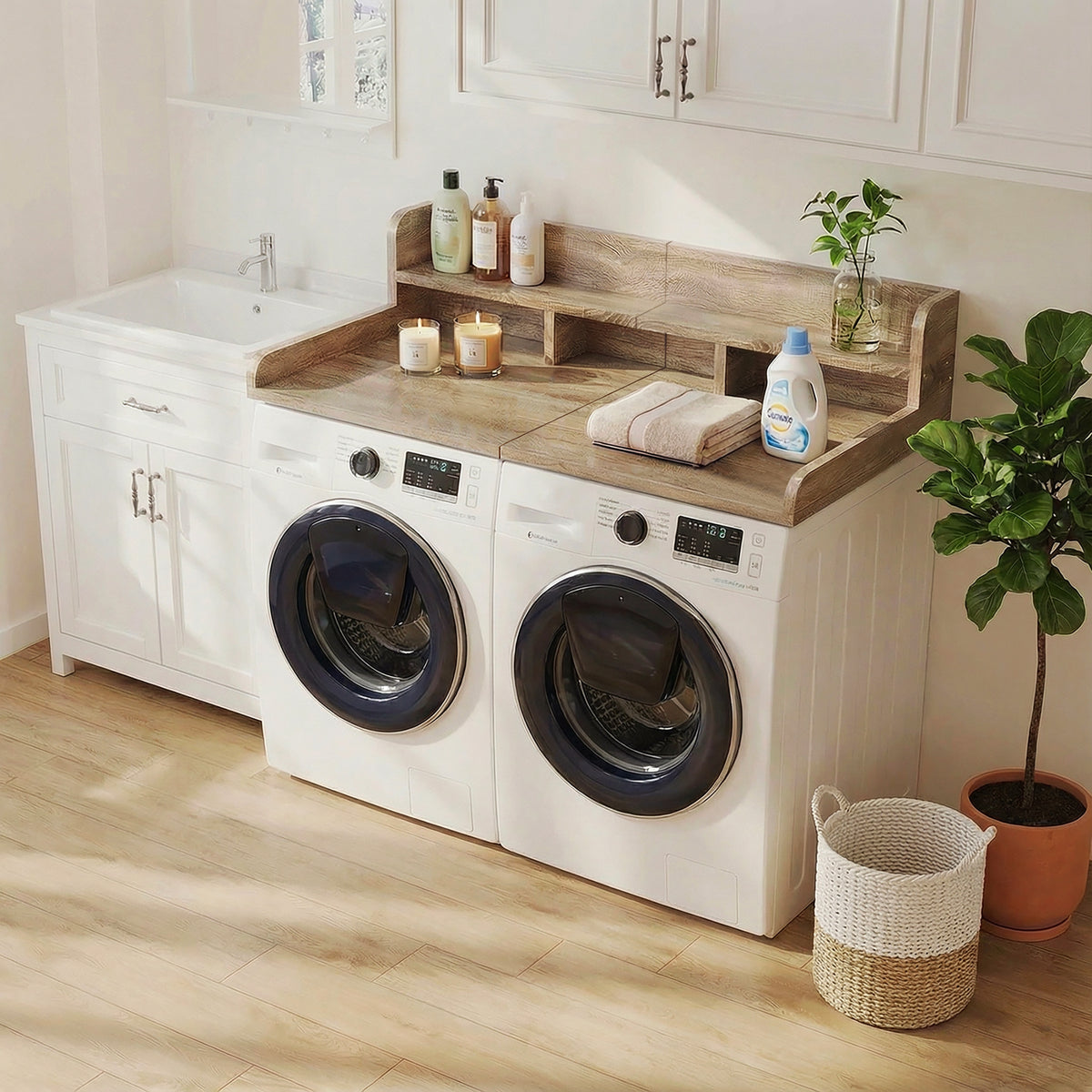 Sandy brown wood countertop double-layer shelf for washer and dryer from Anthony & Home, showing its sturdy layered design.