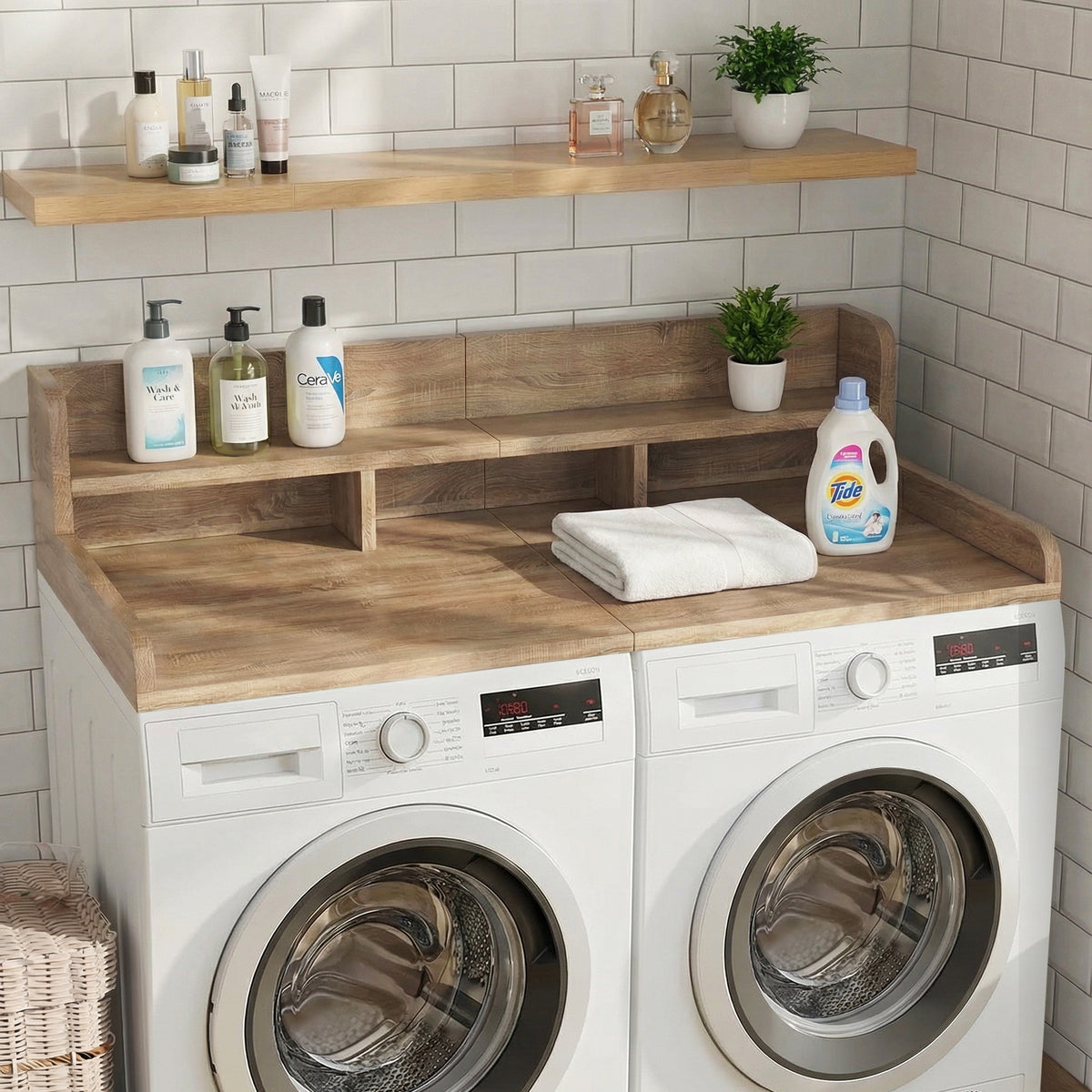 Anthony & Home sandy brown wood double layer shelf for washer and dryer countertop storage, with a natural wood finish and sturdy design.