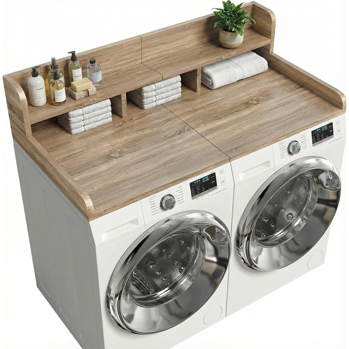 Sandy brown wood Anthony & Home countertop double layer shelf for washer and dryer, with a sturdy, stylish design.