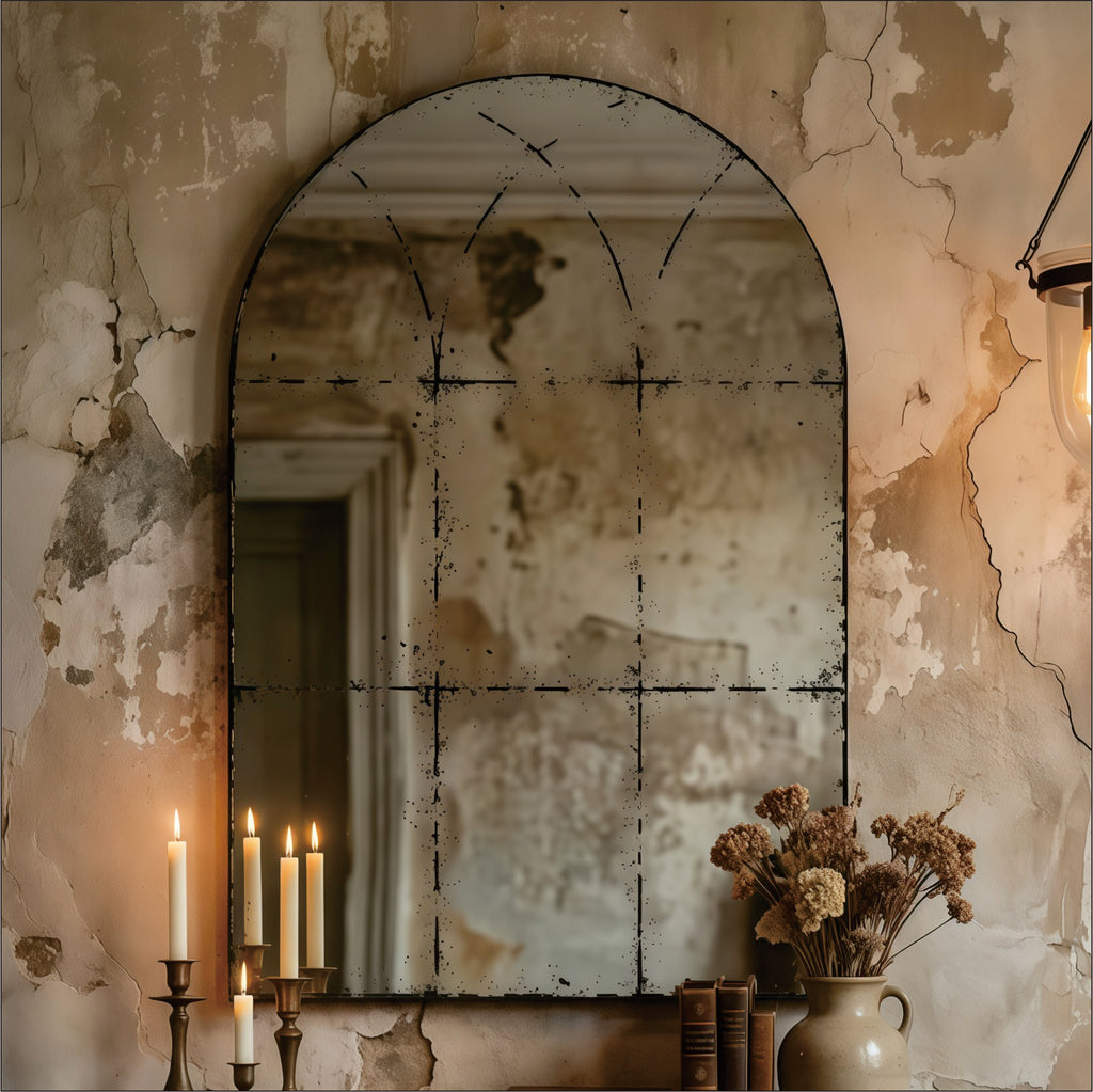 Semicircular wall-mounted mirror withSignature brushed brass finish, ideal for living room decor, by Anthony & Home.