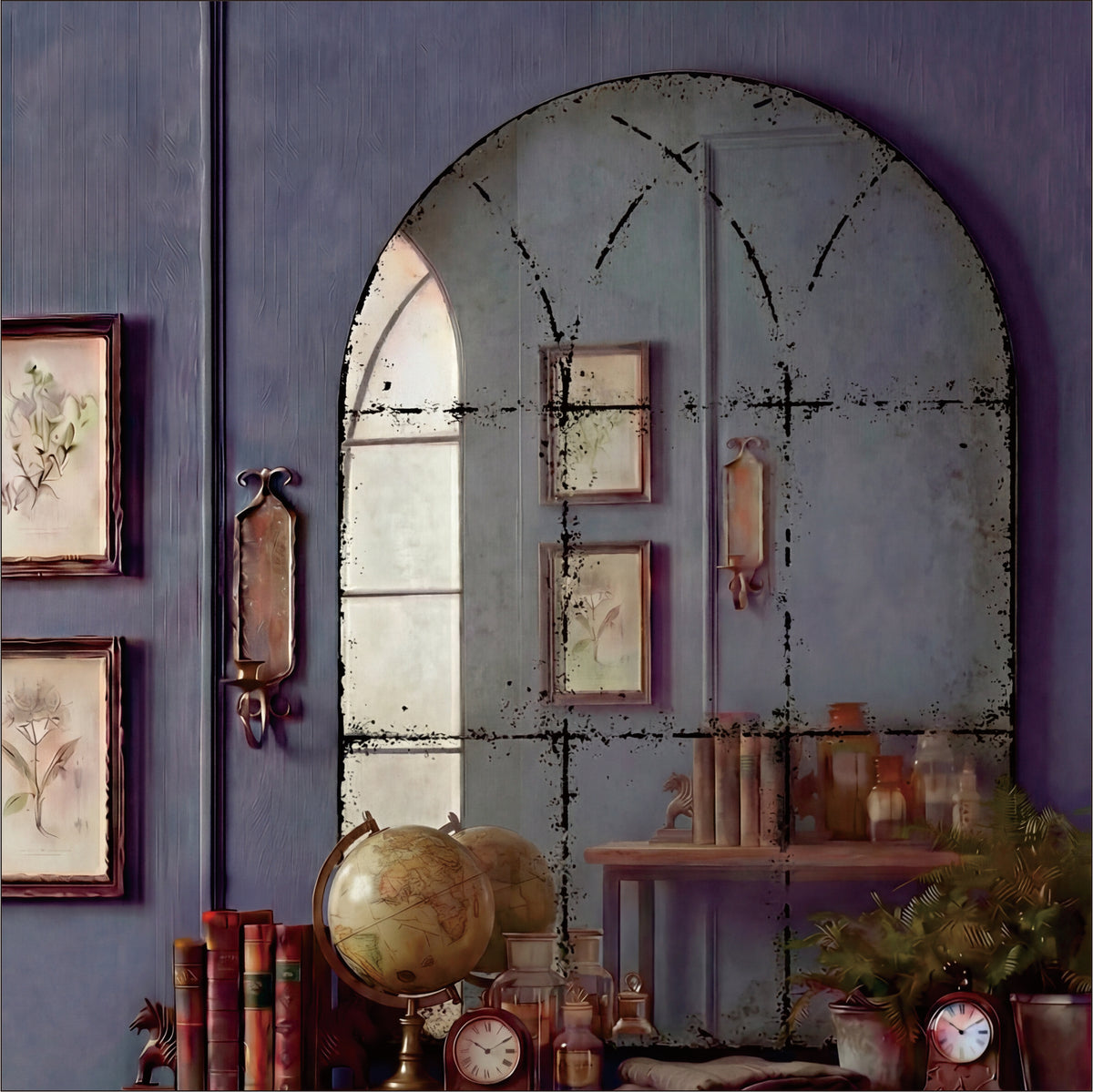 Semicircular wall-mounted mirror with brushed brass finish, ideal for living rooms, by Anthony & Home