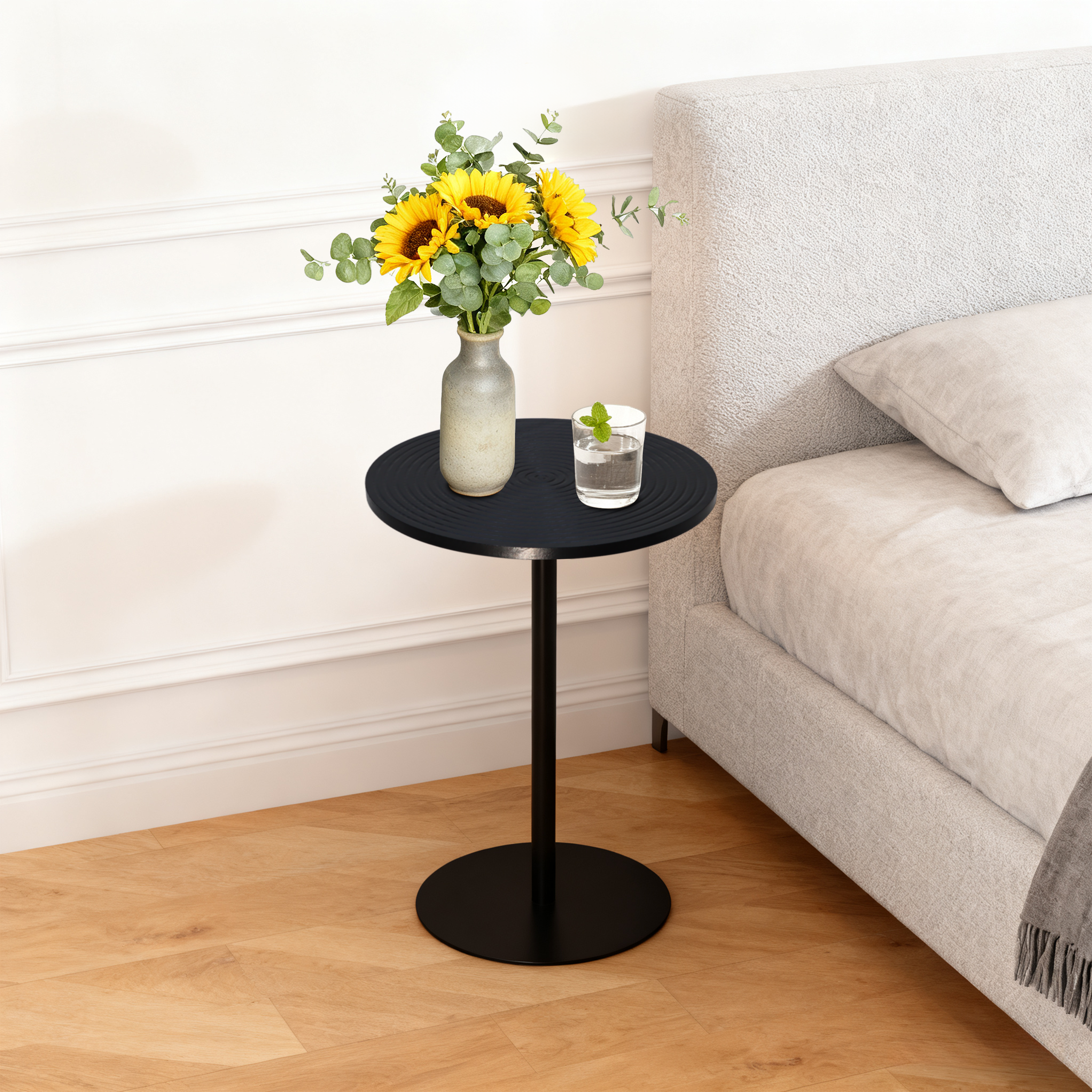 Set of 2 Anthony & Home walnut round side tables with black metal pedestal and concentric design, stylish living room accents.