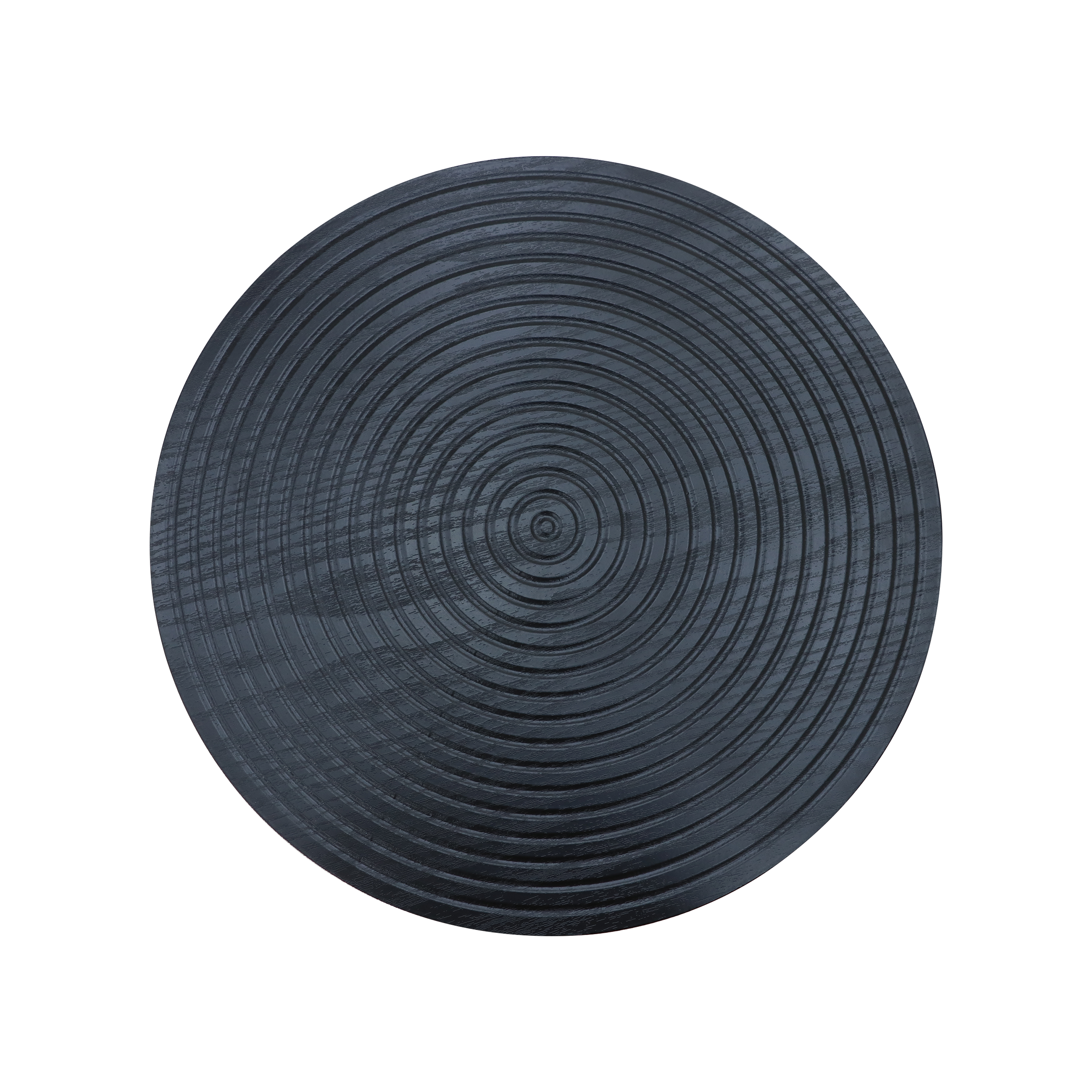 Set of 2 walnut round side tables with black metal pedestal bases featuring concentric design by Anthony & Home.