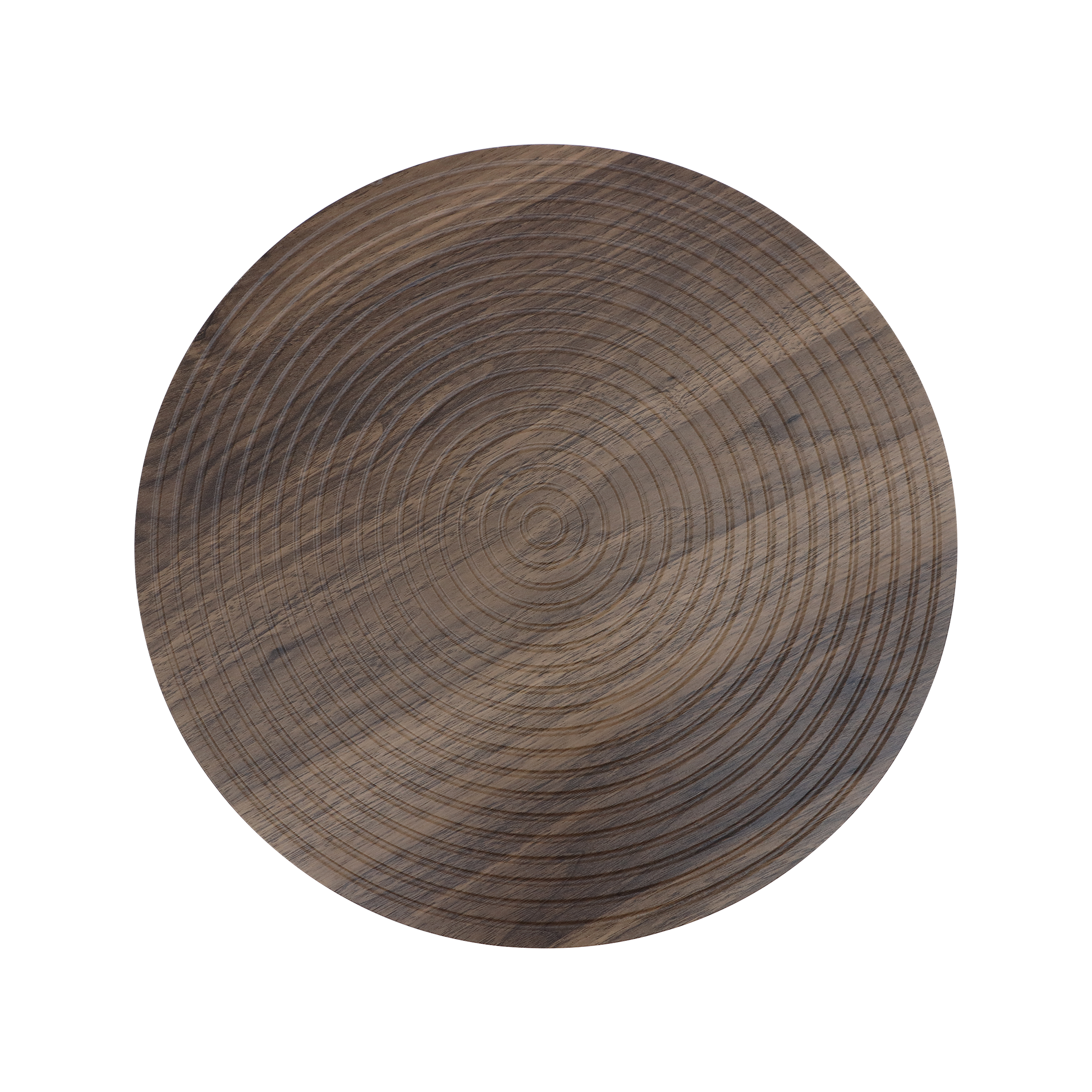 Set of 2 walnut round side tables with black metal pedestal bases, featuring concentric design from Anthony & Home Atelier Collection.