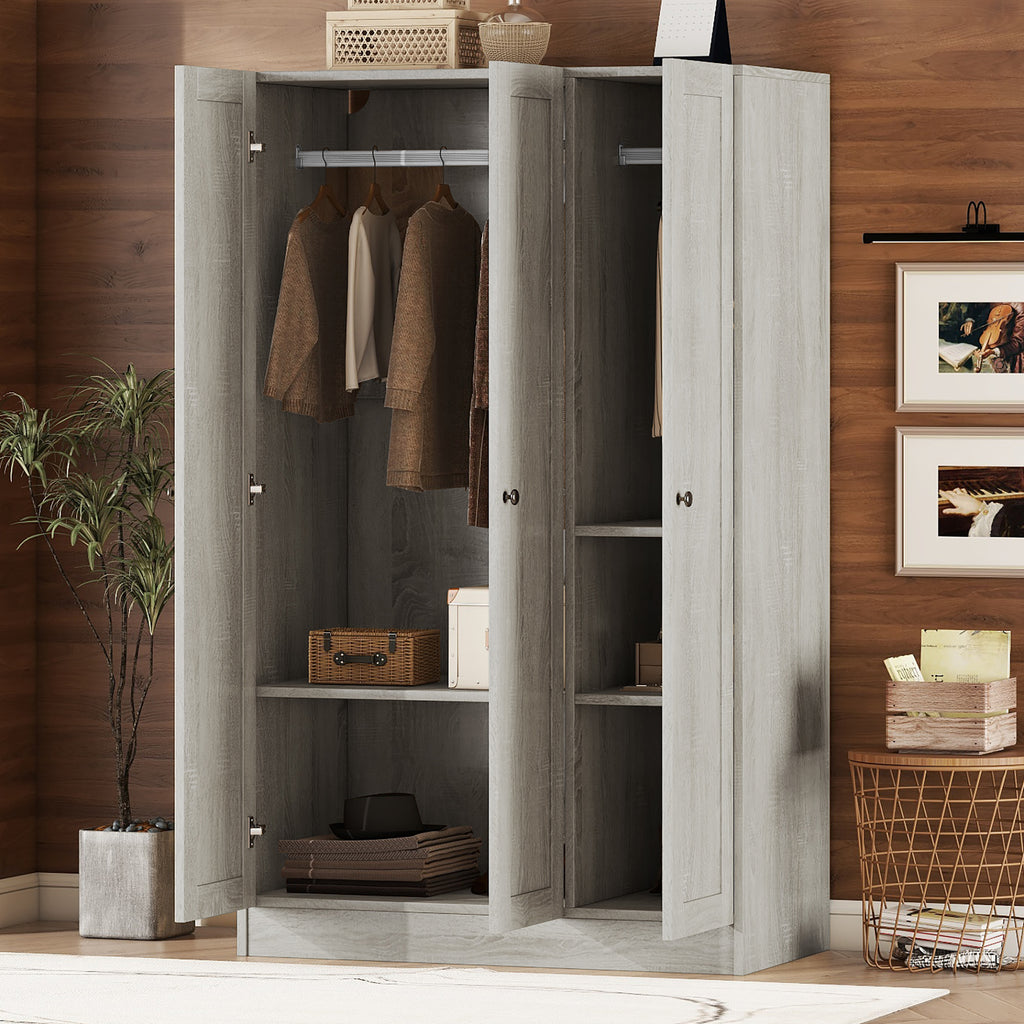 Gray Anthony & Home Shutter Collection three-door wardrobe with sleek design and sturdy wood construction.