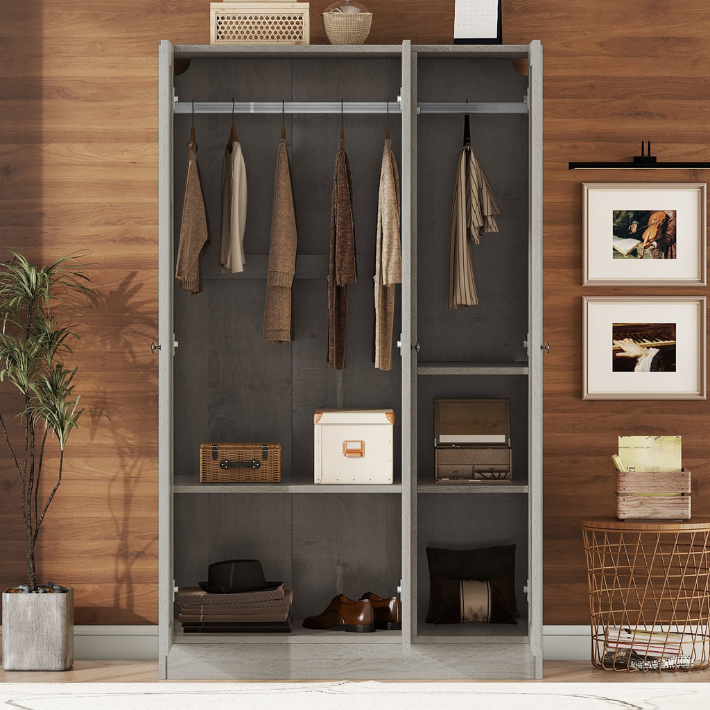 Gray three-door wardrobe from the Shutter Collection by Anthony & Home, featuring sleek design and ample storage space.