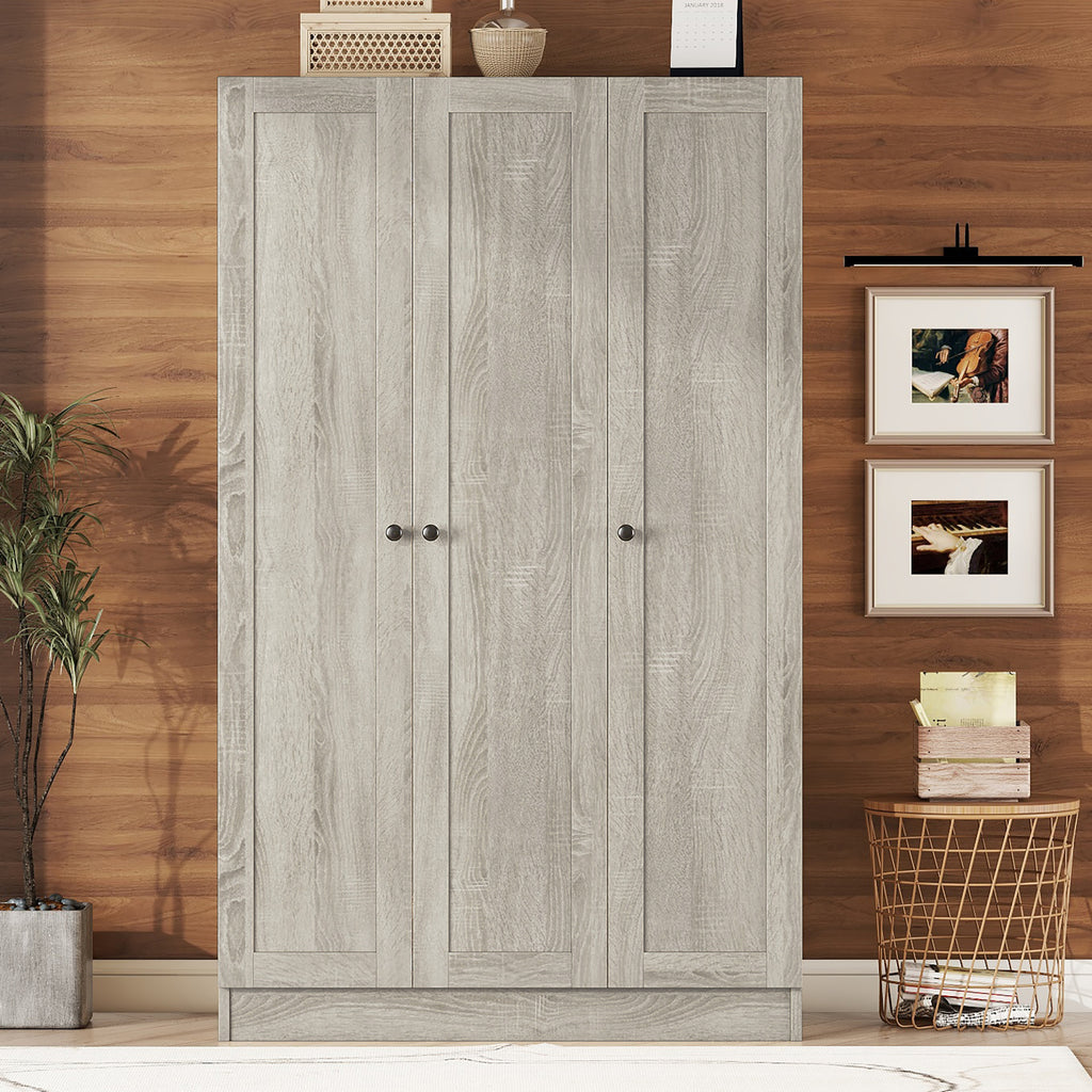 Gray three-door wardrobe from the Shutter Collection by Anthony & Home, showcasing sleek design and spacious storage.