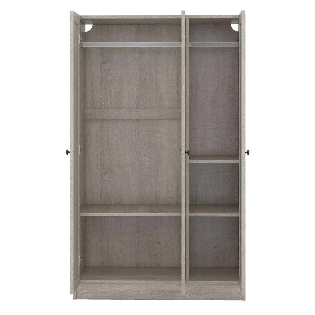Gray three-door wardrobe from the Anthony & Home Shutter Collection with sleek design and ample storage space.