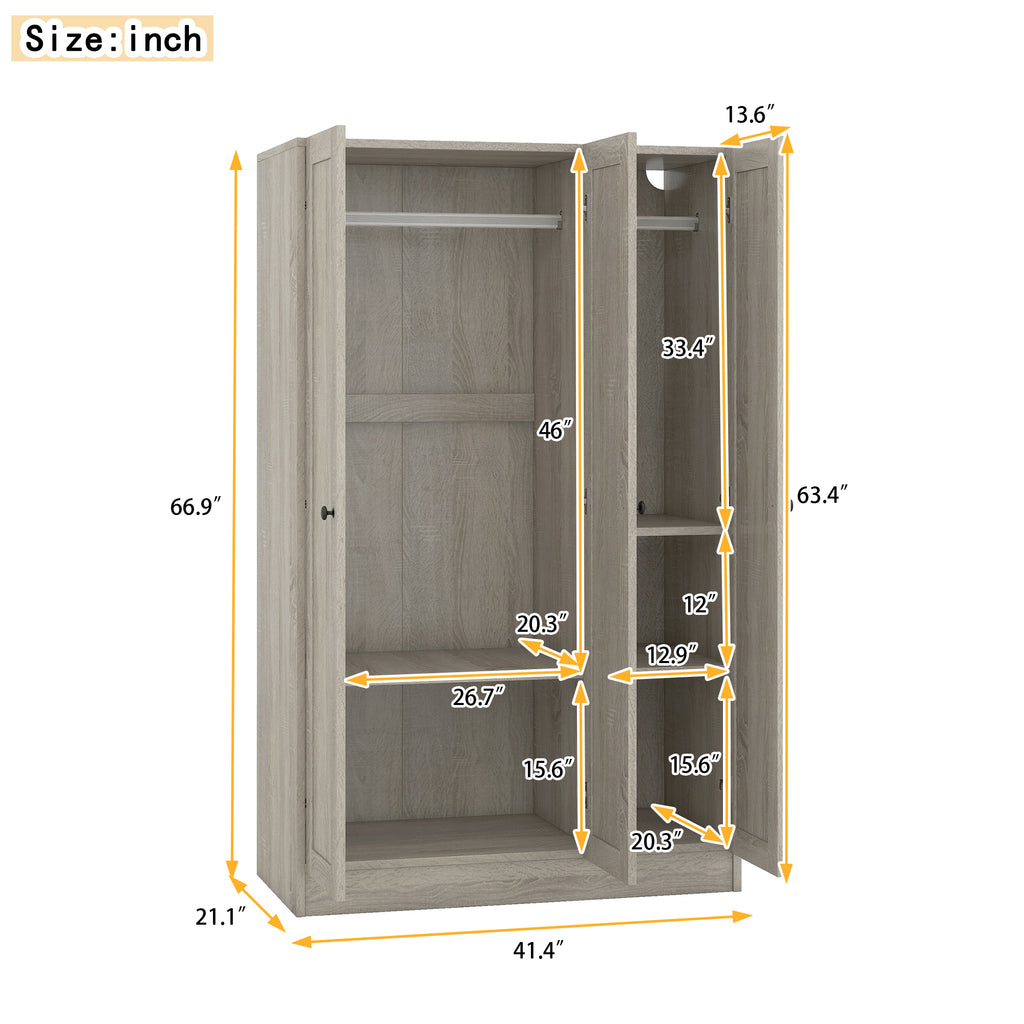 Gray three-door wardrobe from the Anthony & Home Shutter Collection with sleek design and storage space.