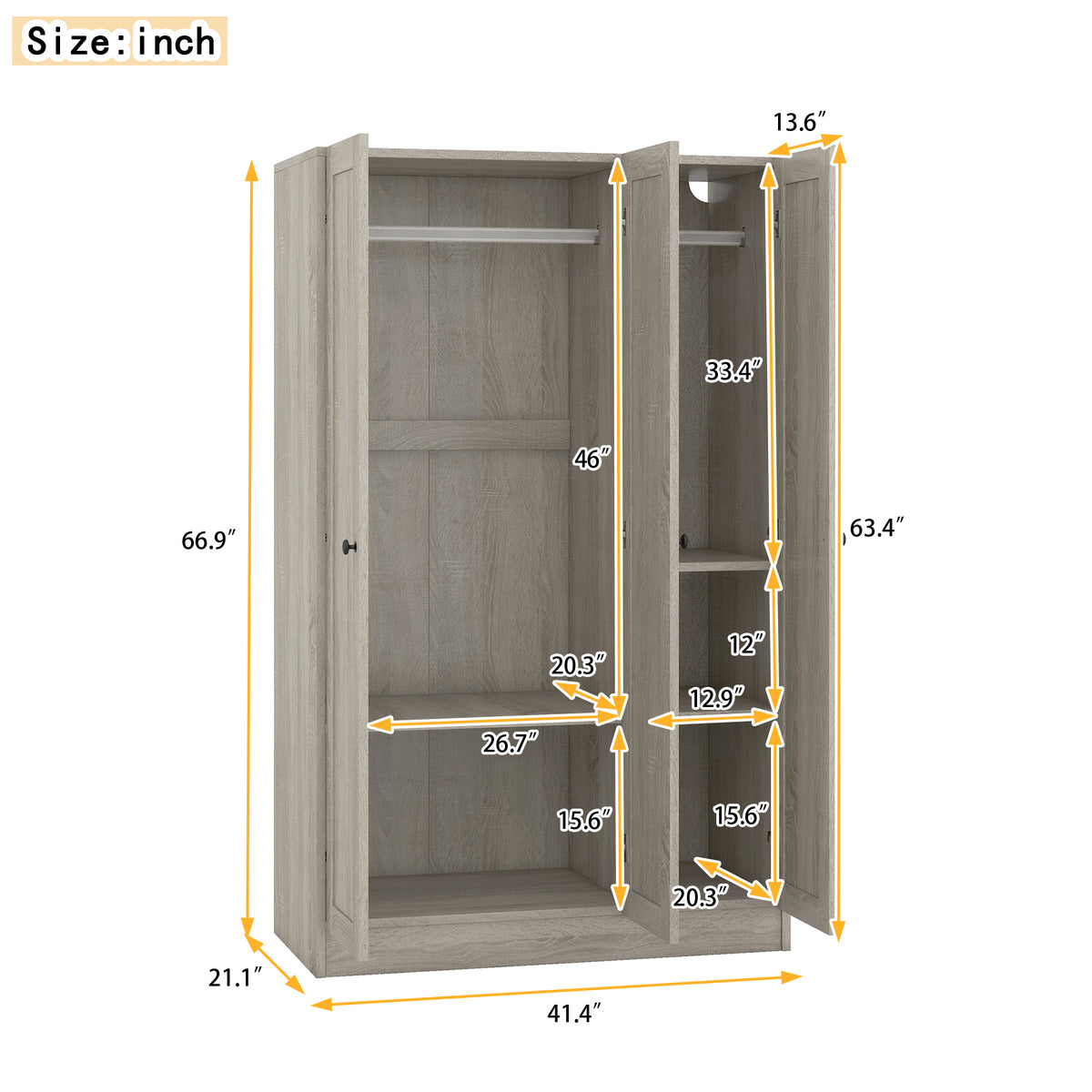 Gray three-door wardrobe from the Anthony & Home Shutter Collection with sleek design and storage space.