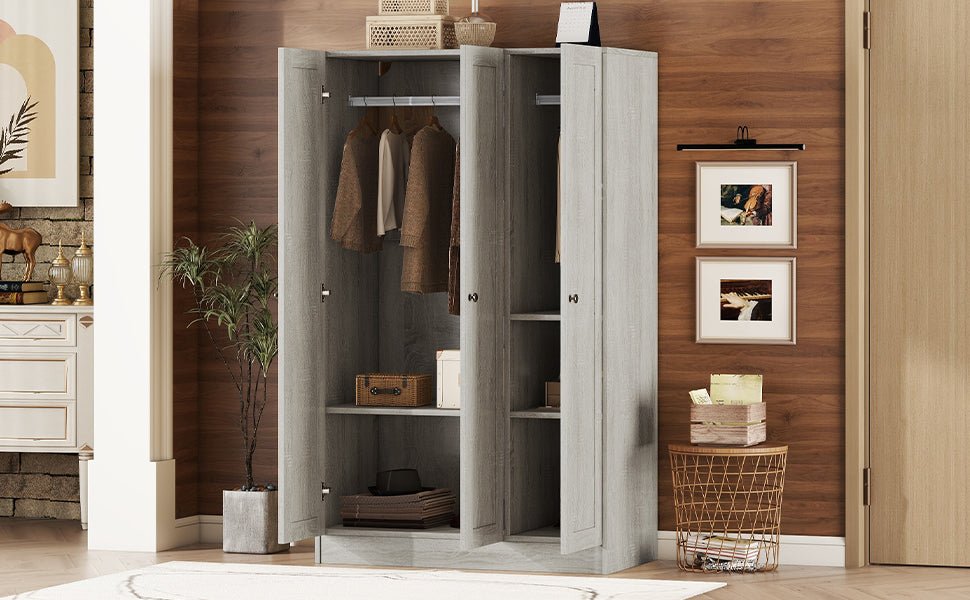 Gray Anthony & Home Shutter Collection three-door wardrobe with wooden finish and modern shutter-style doors.