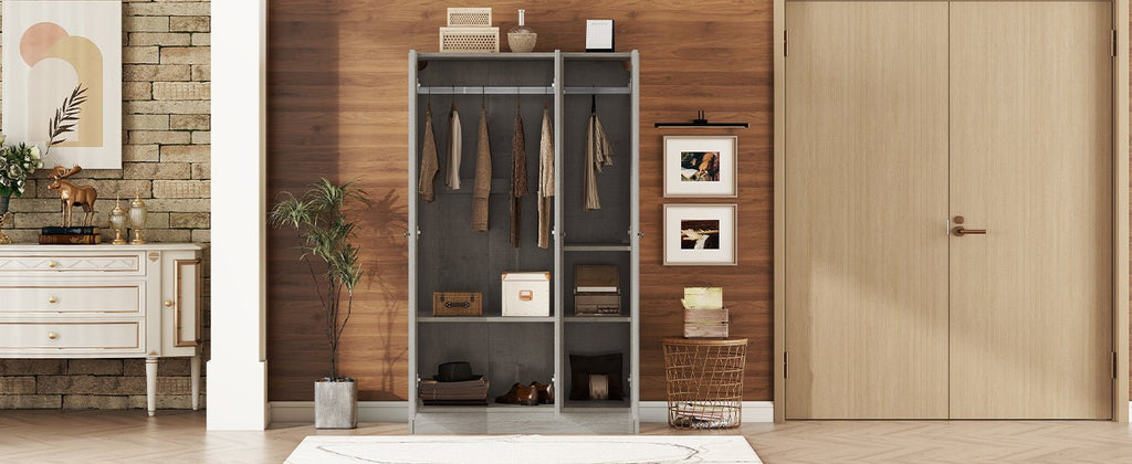 Gray three-door wardrobe from Anthony & Home's Shutter Collection, featuring sleek design and ample storage space.