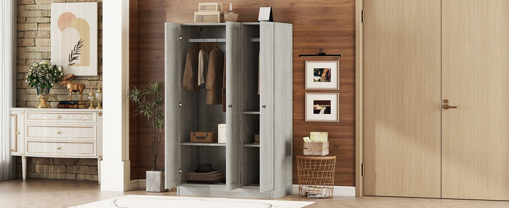 Gray three-door wardrobe from the Shutter Collection by Anthony & Home, showcasing sleek doors and modern storage design.