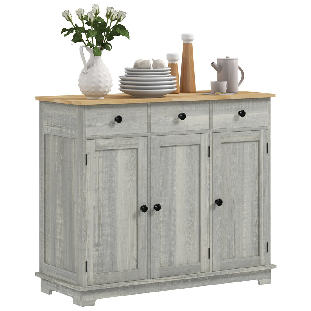 Distressed light gray sideboard with solid wood countertop from Anthony & Home, showcasing storage drawers and cabinet doors.