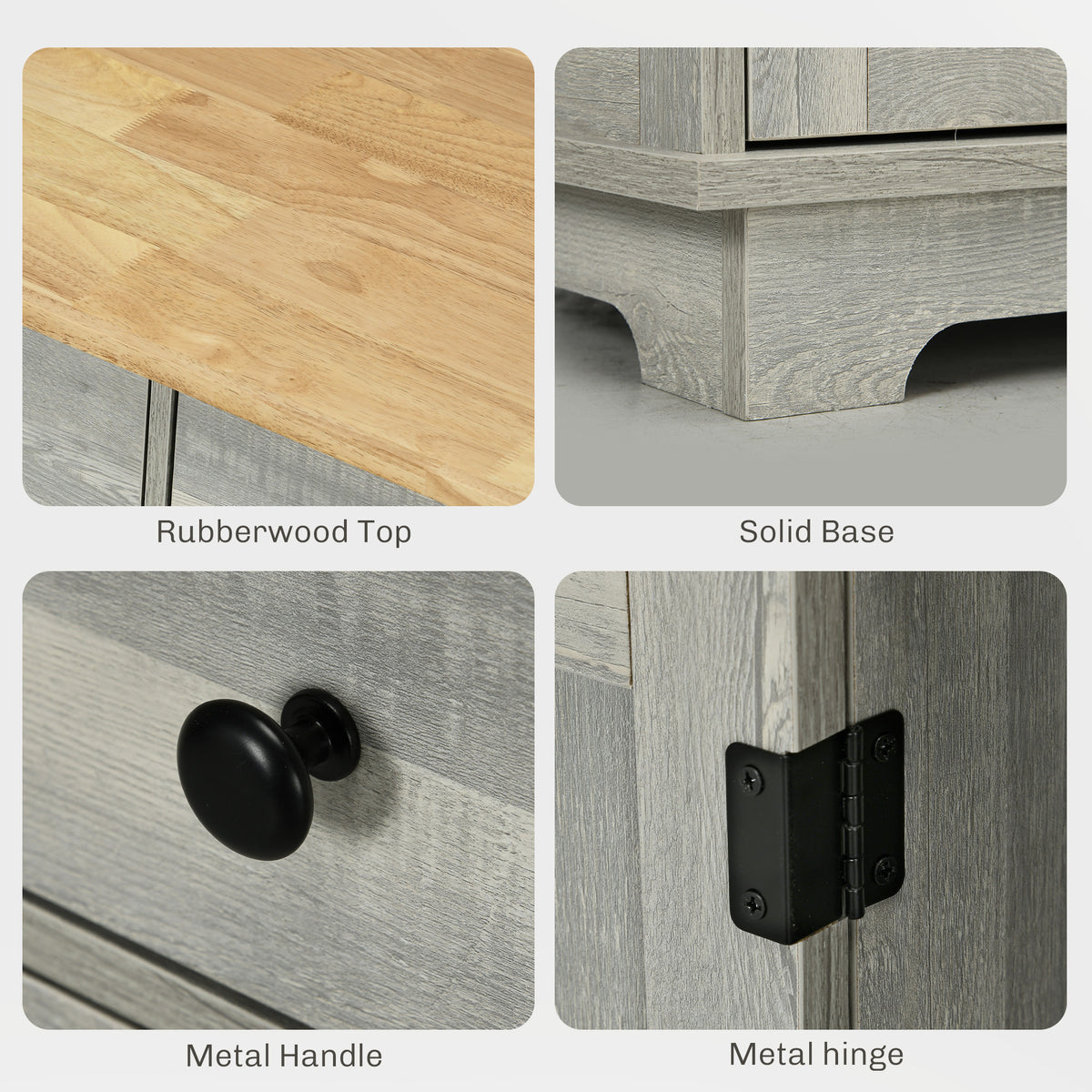 Distressed light gray sideboard with solid wood countertop by Anthony & Home, featuring sleek storage cabinets and a rustic finish.