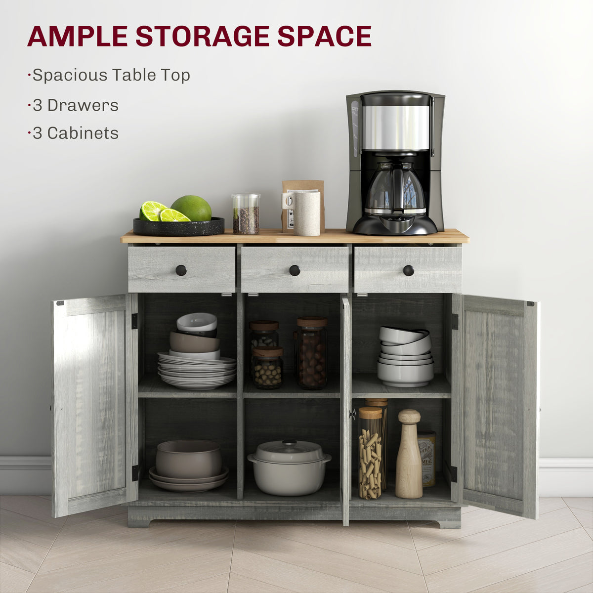 Distressed light gray sideboard with solid wood countertop by Anthony & Home, showcasing storage cabinets and rustic finish.