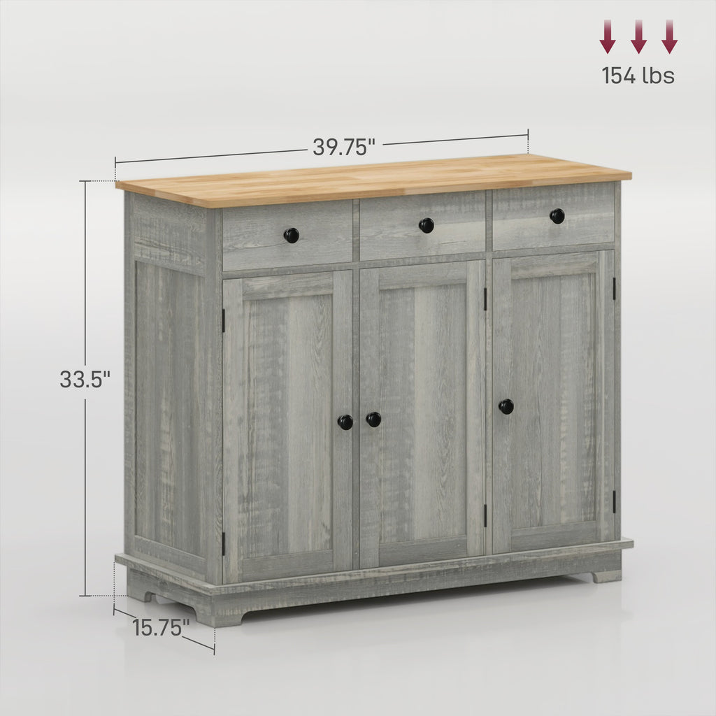 Distressed light gray sideboard with solid wood countertop by Anthony & Home, showcasing storage drawers and cabinet doors.